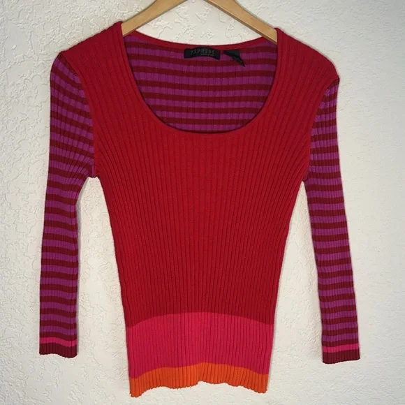Vintage Express World Brand Ribbed Stripe Sweater Y2K 90s Red Pink Long Sleeve - Picture 1 of 6